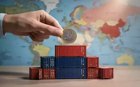 Eine Hand platziert eine 3-Euro-Münze auf Miniatur-Versandcontainern, mit verschwommener Europa- und China-Karte im Hintergrund. - Foto: über boerse-global.de