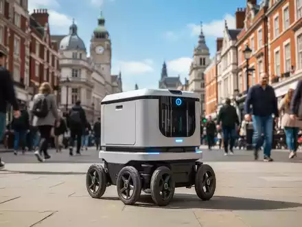 Ein sechsrädriger autonomer Lieferroboter auf einem Bürgersteig in England, mit unscharfen Passanten und Gebäuden im Hintergrund. - Foto: über boerse-global.de
