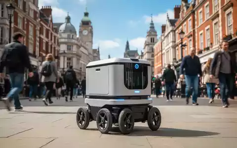 Ein sechsrädriger autonomer Lieferroboter auf einem Bürgersteig in England, mit unscharfen Passanten und Gebäuden im Hintergrund. - Foto: über boerse-global.de