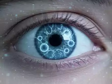 Nahaufnahme eines menschlichen Auges mit einer subtilen, digitalen Darstellung von Genetik auf der Netzhaut, die Gentherapie symbolisiert. - Foto: über boerse-global.de
