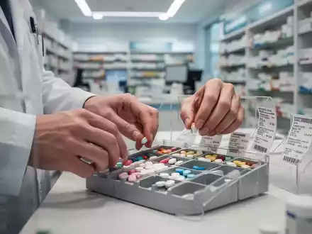 Hände eines Apothekers zählen Medikamente in eine Schale, mit verschwommenem Hintergrund einer modernen Apotheke. - Foto: über boerse-global.de
