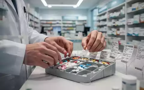 Hände eines Apothekers zählen Medikamente in eine Schale, mit verschwommenem Hintergrund einer modernen Apotheke. - Foto: über boerse-global.de