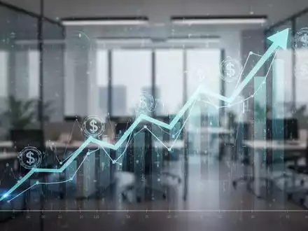 Ein stilisierter Finanzgraph, der einen Aufwärtstrend zeigt, mit Symbolen für Daten und Patente, in einem modernen Büroumfeld. - Foto: über boerse-global.de