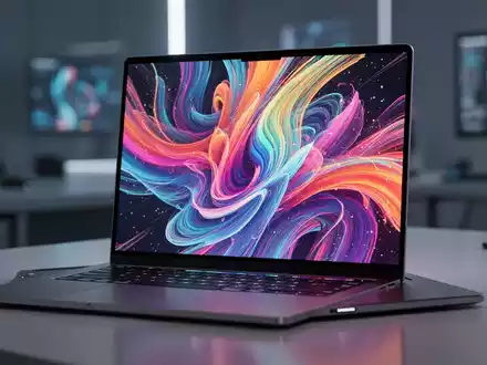 Nahaufnahme eines modernen Laptop-Bildschirms mit lebendigem, abstraktem Digitaldesign und satten Farben, das fortschrittliche OLED-Technologie andeutet. - Foto: über boerse-global.de