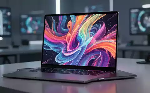 Nahaufnahme eines modernen Laptop-Bildschirms mit lebendigem, abstraktem Digitaldesign und satten Farben, das fortschrittliche OLED-Technologie andeutet. - Foto: über boerse-global.de