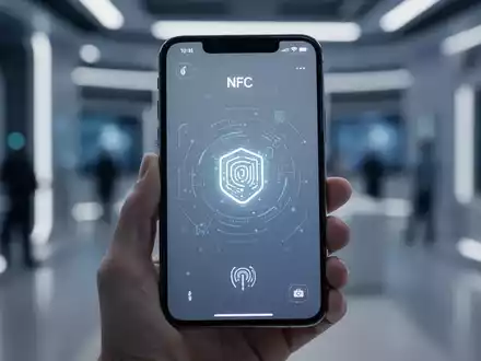 Eine Hand hält ein iPhone mit einer NFC-Oberfläche, unscharfer High-Tech-Hintergrund. - Foto: über boerse-global.de