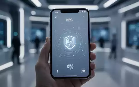 Eine Hand hält ein iPhone mit einer NFC-Oberfläche, unscharfer High-Tech-Hintergrund. - Foto: über boerse-global.de