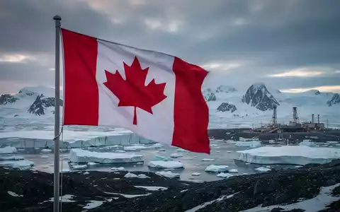 Eine kanadische Flagge weht vor einer rauen, eisigen Landschaft Grönlands mit Bergbauinfrastruktur im Hintergrund. - Foto: über boerse-global.de