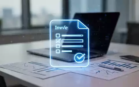Ein stilisiertes, leuchtend blaues digitales Rechnungs-Symbol über einem verschwommenen Bürotisch mit Laptop und Dokumenten. - Foto: über boerse-global.de