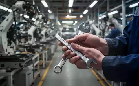 Hände eines Arbeiters mit Schraubenschlüssel in einer Autofabrik, unscharfe Maschinen im Hintergrund. - Foto: über boerse-global.de