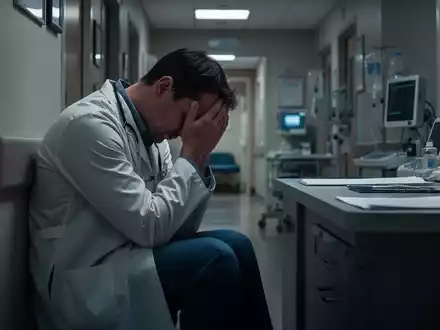 Ein erschöpfter Arzt oder Therapeut sitzt in einem dunklen Krankenhauskorridor oder Büro, den Kopf in den Händen, was Burnout symbolisiert. - Foto: über boerse-global.de