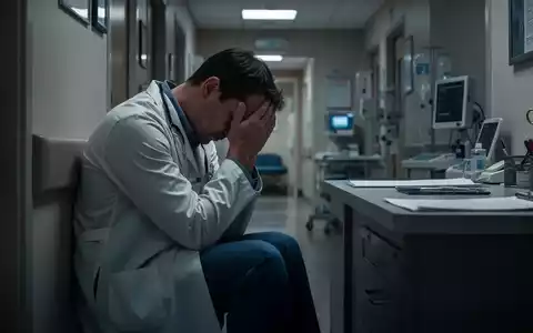 Ein erschöpfter Arzt oder Therapeut sitzt in einem dunklen Krankenhauskorridor oder Büro, den Kopf in den Händen, was Burnout symbolisiert. - Foto: über boerse-global.de