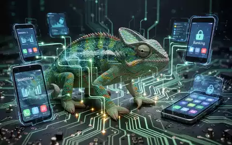 Ein stilisiertes digitales Chamäleon verschmilzt mit einer Leiterplatte, symbolisiert eine getarnte mobile Malware-Bedrohung. - Foto: über boerse-global.de