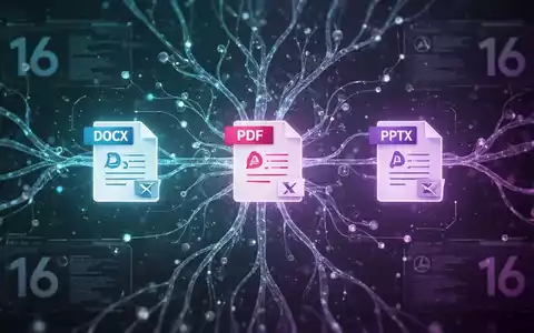 Abstrakte Visualisierung von KI, die Dokumente erstellt. Leuchtende Linien verbinden ein zentrales KI-Gehirn mit Symbolen für DOCX-, PDF- und PPTX-Dateien. - Foto: über boerse-global.de