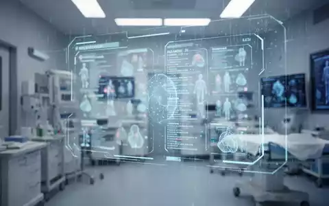 Ein futuristisches medizinisches Umfeld mit einer leuchtenden holografischen Schnittstelle, die Patientendaten und binären Code anzeigt. - Foto: über boerse-global.de