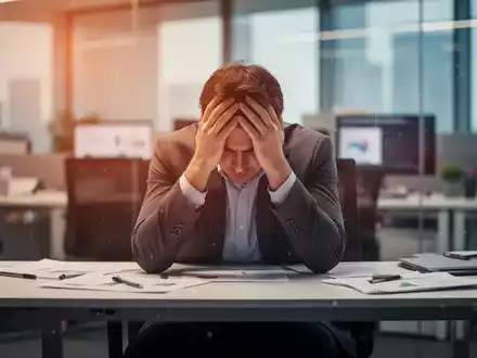 Eine Person sitzt an einem modernen Schreibtisch, den Kopf in den Händen, umgeben von verschwommenen Büroeinrichtungen. Die Atmosphäre ist von Erschöpfung und Stress geprägt. - Foto: über boerse-global.de