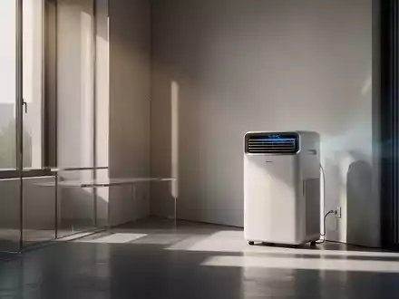 Ein minimalistisches Apartment-Interieur mit einem modernen, mobilen Klimagerät und Sonnenlicht, das durch ein Fenster fällt. - Foto: über boerse-global.de