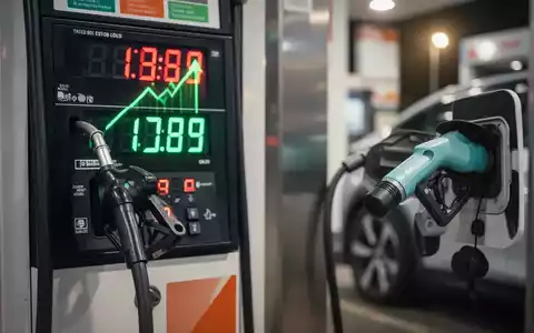 Eine Zapfsäule an einer Tankstelle mit steigenden Preisanzeigen, im Hintergrund ein Elektroauto an einer Ladesäule. - Foto: über boerse-global.de
