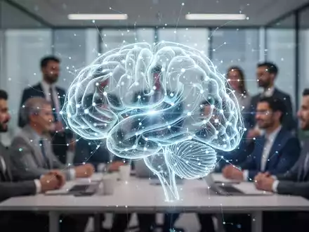 Eine futuristische Grafik eines KI-Gehirns überlagert ein modernes Büro mit Fachkräften, symbolisierend KI im betrieblichen Gesundheitsmanagement. - Foto: über boerse-global.de