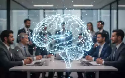 Eine futuristische Grafik eines KI-Gehirns überlagert ein modernes Büro mit Fachkräften, symbolisierend KI im betrieblichen Gesundheitsmanagement. - Foto: über boerse-global.de
