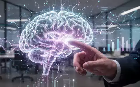 Eine menschliche Hand interagiert mit einer futuristischen, leuchtenden holographischen Oberfläche, die ein digitales Gehirn und Datenströme zeigt. - Foto: über boerse-global.de