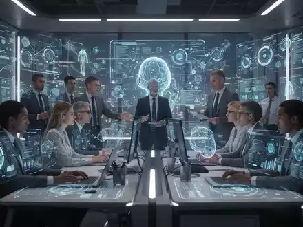 Ein futuristisches Büro mit holografischen Bildschirmen, die Datenströme und automatisierte Prozesse zeigen, mit Fachleuten, die mit KI-Systemen zusammenarbeiten. - Foto: über boerse-global.de