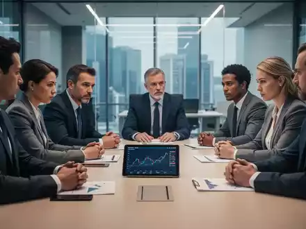 Geschäftsleute diskutieren an einem Tisch, während ein Tablet Finanzdaten anzeigt, symbolisiert Unternehmenssicherung und Krisenprävention. - Foto: über boerse-global.de