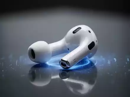 Ein einzelner weißer kabelloser Ohrhörer, ähnlich einem Apple AirPod, auf einer reflektierenden Oberfläche mit weichem blauen Licht. - Foto: über boerse-global.de