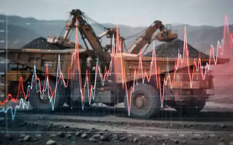 Eine stilisierte, dynamische Grafik mit extremen Spitzen und Tälern, die finanzielle Volatilität darstellt, vor dem unscharfen Hintergrund eines Bergbaugeländes. - Foto: über boerse-global.de