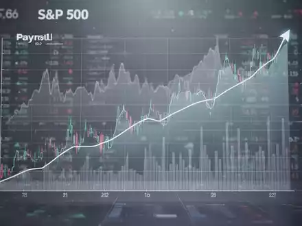 Eine stilisierte Darstellung des S&P 500 mit einem leichten Aufwärtstrend für Tech-Aktien und angedeuteten Lohndaten im Hintergrund. - Foto: über boerse-global.de