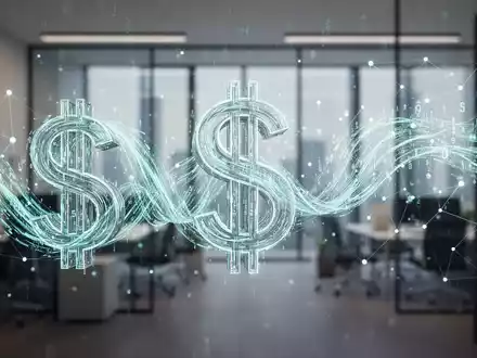Eine stilisierte digitale Darstellung eines fließenden Währungssymbols, das sich in Datenströme verwandelt, mit einem Netzwerk aus Knotenpunkten. - Foto: über boerse-global.de