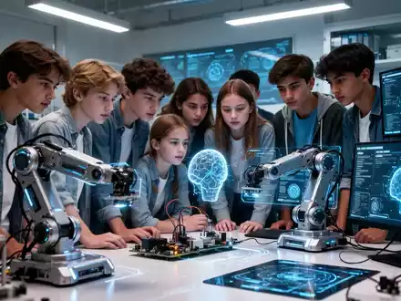 Junge Studenten arbeiten in einem modernen Labor an Robotik- und KI-Projekten, umgeben von Technologieausrüstung. - Foto: über boerse-global.de