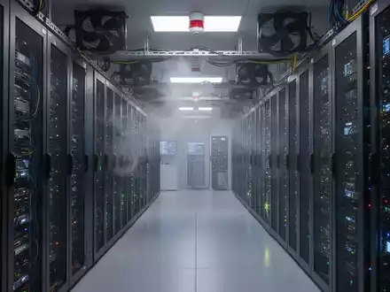 Ein modernes Rechenzentrum mit Server-Racks, Kühlungsanlagen und Brandfrüherkennungssystemen, das IT-Infrastruktur-Sicherheit betont. - Foto: über boerse-global.de