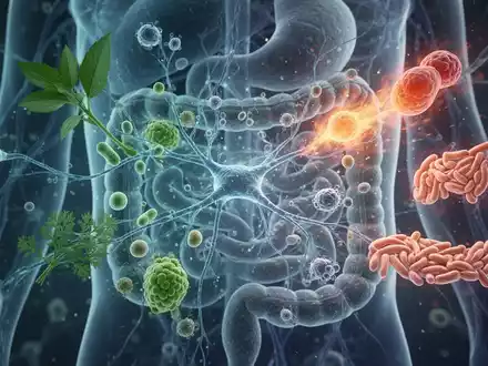 Nahaufnahme des menschlichen Darmmikrobioms mit leuchtenden Nervenbahnen und Mikroben, die mit Proteinmolekülen interagieren. - Foto: über boerse-global.de