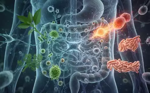 Nahaufnahme des menschlichen Darmmikrobioms mit leuchtenden Nervenbahnen und Mikroben, die mit Proteinmolekülen interagieren. - Foto: über boerse-global.de