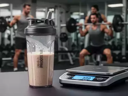 Ein moderner Proteinshaker neben einer digitalen Waage, im Hintergrund unscharf eine Person beim Krafttraining. - Foto: über boerse-global.de