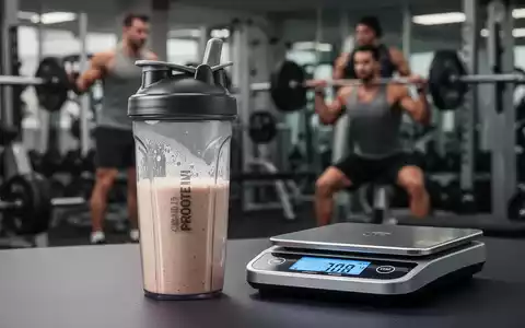 Ein moderner Proteinshaker neben einer digitalen Waage, im Hintergrund unscharf eine Person beim Krafttraining. - Foto: über boerse-global.de