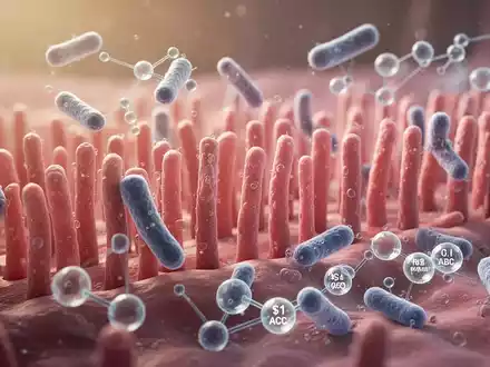 Mikroskopische Darstellung von Darmzotten mit stilisierten Bakterien und Molekülen, die die Fettsäureproduktion symbolisieren. - Foto: über boerse-global.de