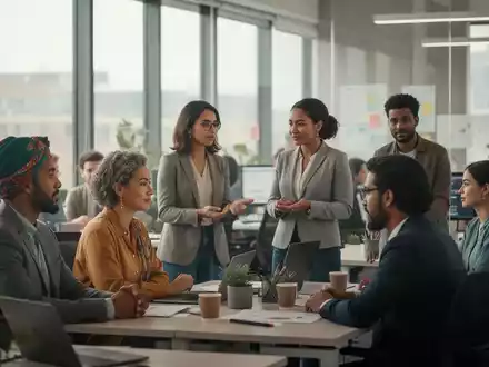Eine vielfältige Gruppe von Menschen arbeitet in einem modernen Büro zusammen, einige sprechen miteinander, andere an Schreibtischen. - Foto: über boerse-global.de