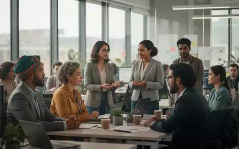 Eine vielfältige Gruppe von Menschen arbeitet in einem modernen Büro zusammen, einige sprechen miteinander, andere an Schreibtischen. - Foto: über boerse-global.de