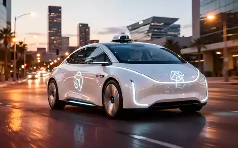Ein schlankes, weißes autonomes Robotaxi fährt in der Dämmerung durch eine Stadtstraße, mit verschwommenen Stadtlichtern und modernen Gebäuden im Hintergrund. - Foto: über boerse-global.de