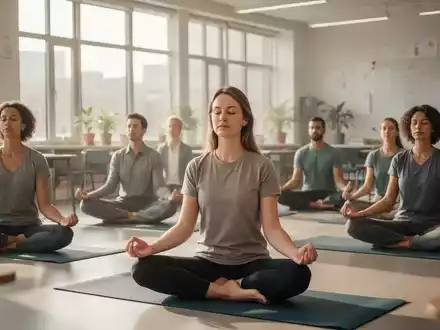 Lehrer praktizieren Yoga oder Achtsamkeitsübungen in einem modernen Klassenzimmer, umgeben von einer ruhigen Atmosphäre. - Foto: über boerse-global.de