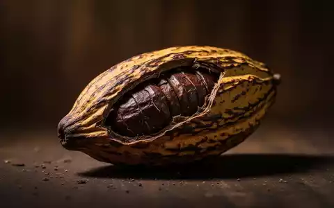 Eine einzelne, leicht geöffnete Kakaoschote mit dunklen Schatten vor einem unscharfen, braunen Hintergrund. - Foto: über boerse-global.de