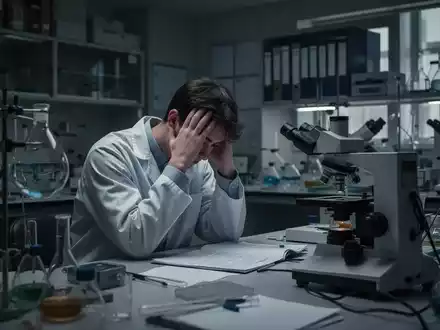 Ein junger Forscher mit den Händen im Haar sitzt nachdenklich an einem Schreibtisch in einem dunklen Labor. - Foto: über boerse-global.de