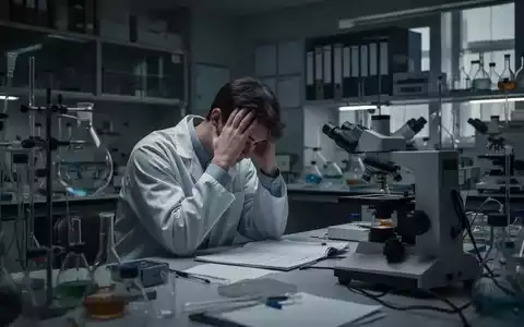 Ein junger Forscher mit den Händen im Haar sitzt nachdenklich an einem Schreibtisch in einem dunklen Labor. - Foto: über boerse-global.de