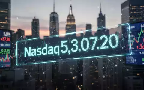 Eine Nahaufnahme eines leuchtenden, digitalen Nasdaq-Tickers, der eine hohe Bewertung anzeigt, mit abstrakten KI-Netzwerken und einer unscharfen Skyline im Hintergrund. - Foto: über boerse-global.de