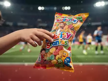 Eine Kinderhand greift nach einem bunten, stark zuckerhaltigen Snack vor dem verschwommenen Hintergrund eines Sportevents. - Foto: über boerse-global.de