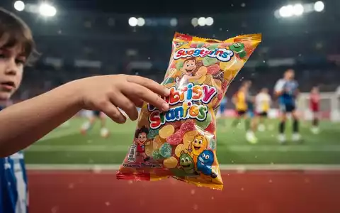 Eine Kinderhand greift nach einem bunten, stark zuckerhaltigen Snack vor dem verschwommenen Hintergrund eines Sportevents. - Foto: über boerse-global.de