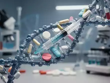 Abstrakte Darstellung von DNA-StrĂ€ngen, die sich mit Medikamenten und einer Spritze verflechten, vor einem medizinischen Hintergrund. - Foto: ĂŒber boerse-global.de