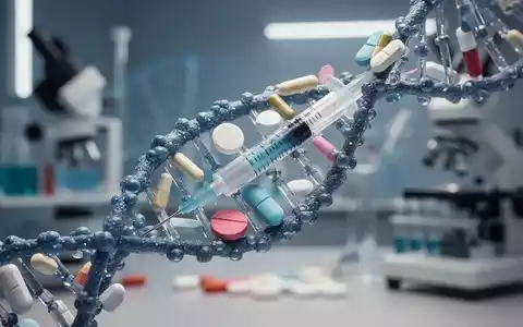 Abstrakte Darstellung von DNA-Strängen, die sich mit Medikamenten und einer Spritze verflechten, vor einem medizinischen Hintergrund. - Foto: über boerse-global.de